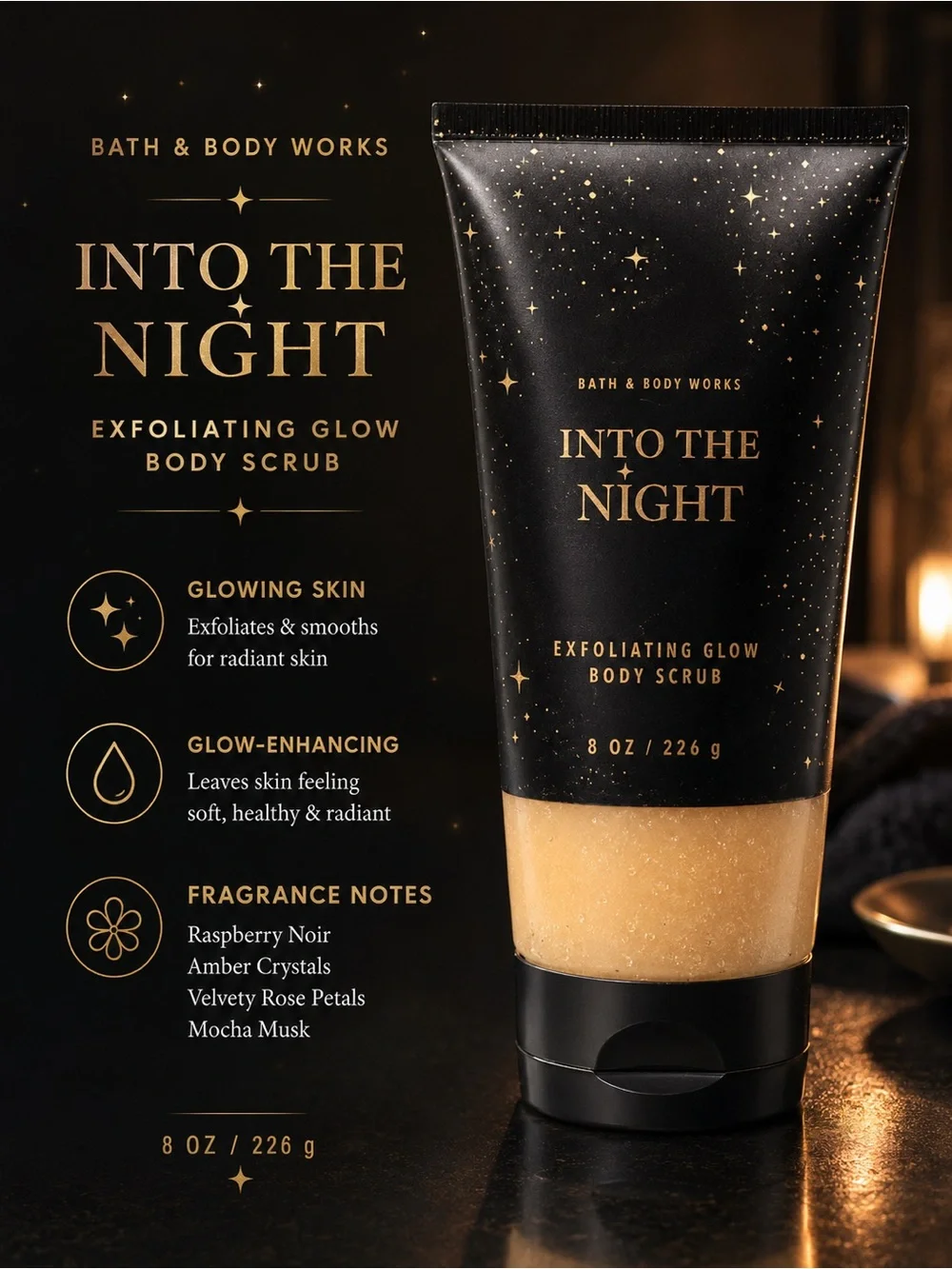 Bath & Body Works Into The Night Exfoliating Glow Body Scrub — Black & Gold